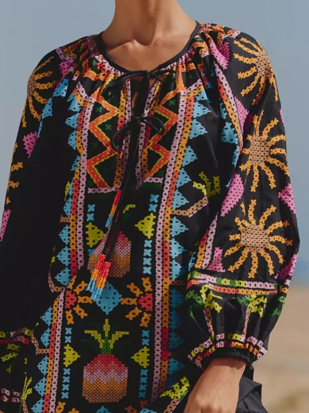 Farm Rio x Anthropologie Long-Sleeve Tie-Front Maxi Dress Pineapple L NWT - Picture 5 of 6